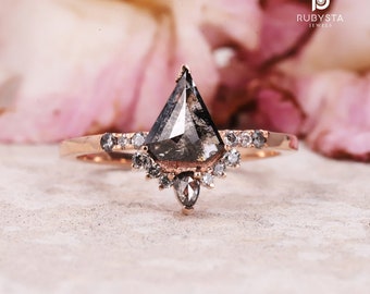 Salz und Pfeffer Diamant Ring | Verlobungsring | Fünfeck Diamant Ring | Fünfeck Gold Ring | Birnen-Art-Deco-Ring | Naturdiamantring