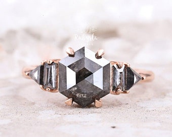 Salt and Pepper Hexagon Diamond Ring Engagement Ring layering dainty ring art deco ring - Rubysta