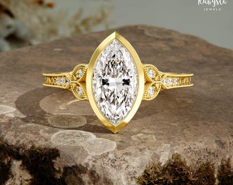 Anillo de diamantes marquesa: 1,50 quilates con bisel milgrain, joyería nupcial