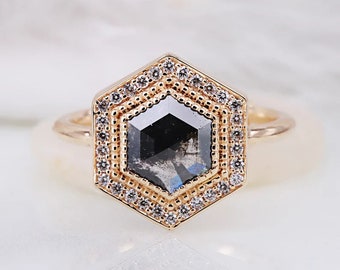 Full halo setting engagement ring Hexagonal diamond ring Art deco ring Salt and pepper diamond ring Wedding ring affordable ring combo ring