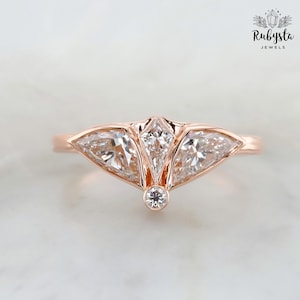 Modern Art Deco Diamond Fan Ring | Kite & Trillion Cut Lab Diamonds | 14K Gold Geometric Ring | Custom Handmade Engagement or Gift Jewelry