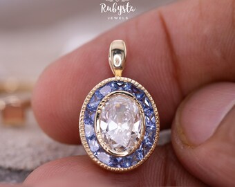Anillo con colgante de diamante ovalado convertible, 1,57 ct de diamante cultivado en laboratorio con halo de zafiro, oro amarillo de 10 quilates. Joya dos en uno.