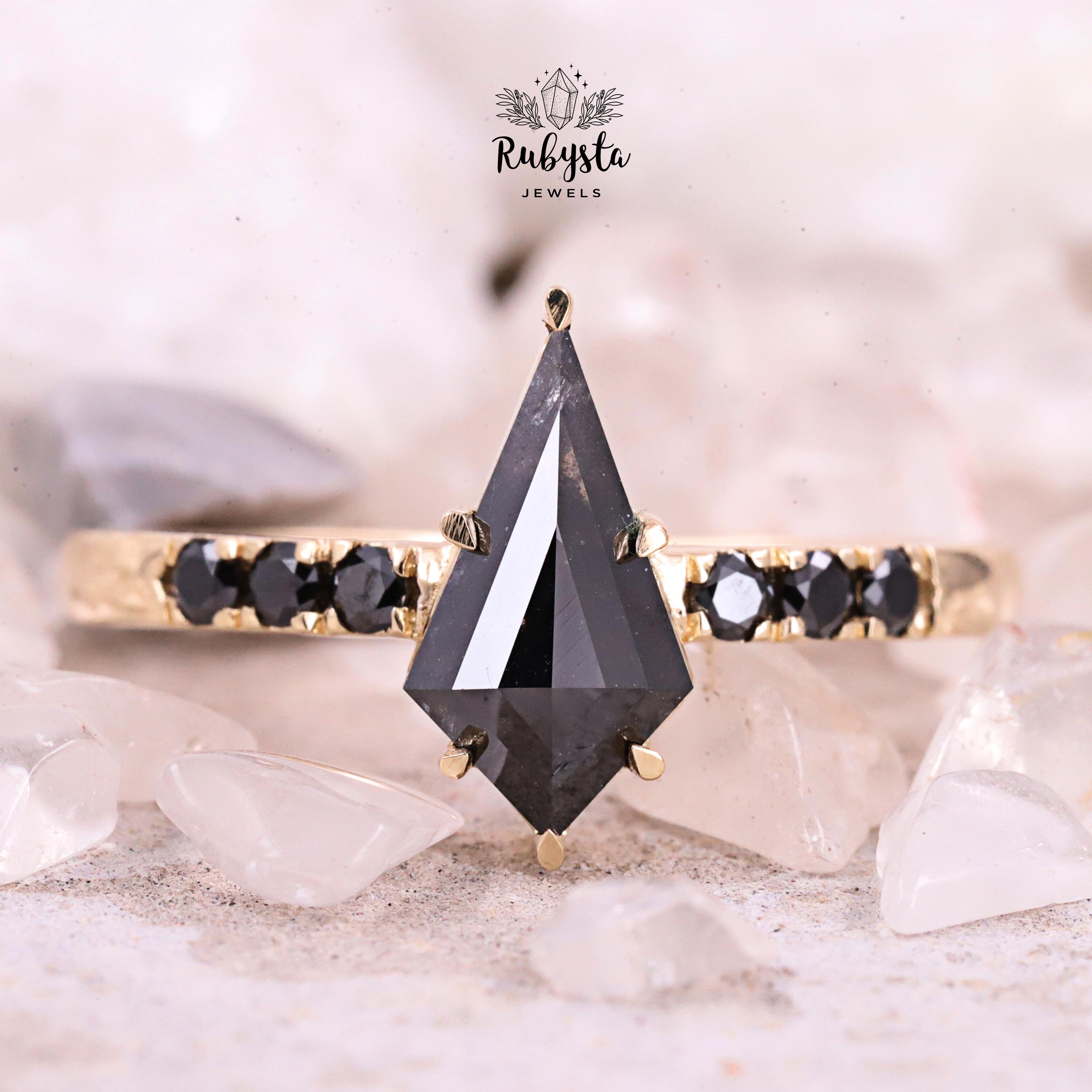 Black diamond ring with flat eagle prongs Salt and pepper kite cut ring Delicate ring Handmade engagement ring Classic diamond ring