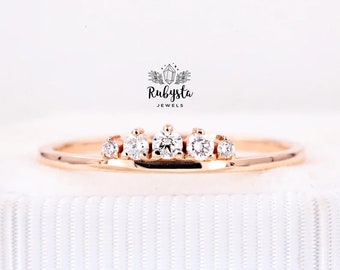 Minimaler 5-Stein-Ring, passende Ringe, klarer Diamantring, Verlobungsring, Ehering-Set – Rubysta