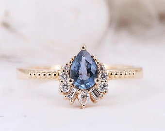 Vintage blauer Saphir Verlobungsring Gold Jubiläumsring Baguette runder Birnenschliff Naturdiamant Verlobungsring | Brautring