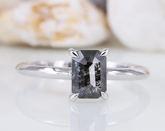 Emerald Cut Salt and Pepper Diamond Ring - 14k Gold Engagement Ring