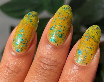 Downpour, 15ml 21-free Indie Nail Polish, Chartreuse Green Jelly with Large Blue Metallic Flakes