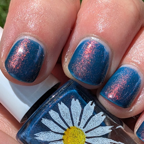 Sunset Indie Nail Polish: Deep Blue with Red-Orange-Yellow Micro Flakes