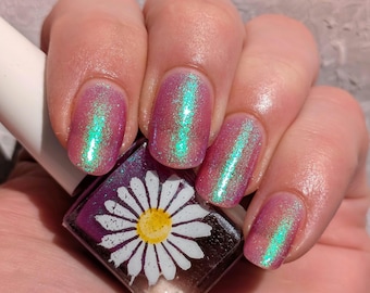 Dragonfly, 15ml 21-free Indie Nail Polish, Delicate Violet Magenta Jelly with Green to Blue Micro Flakes