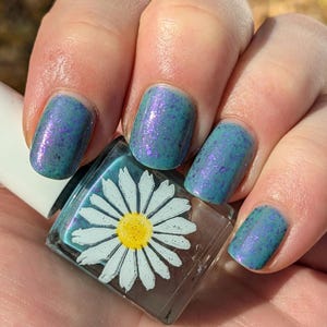 Ice Flower, 15ml Teal Blue Nail Polish with Large Purple Metallic Flakes and Purple Shimmer