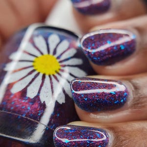 Atolla, 15ml, Navy Blue Jelly Indie Nail Polish with Red Shimmer, Red Metallic Micro Flakes, and Large Blue Metallic Flakes