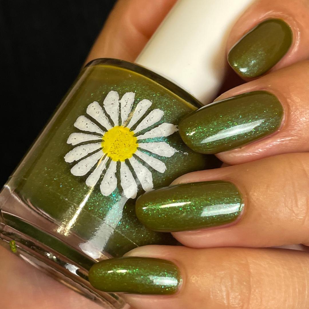 Cinnamomea Nail Polish: Dark Khaki Green with Green-Pink Shimmer