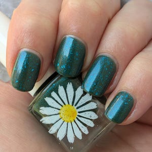 Glazed, 15ml, Green Nail Polish with Blue Shimmer and Large Blue Metallic Flakes