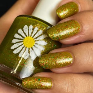 Xanthoria, 15ml 21-free Indie Nail Polish, Bright Yellow Green Jelly with Red, Teal, and Chartreuse Metallic Flakes