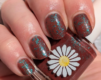 Leaf Litter, 15ml Deep Maroon Nail Polish with Large Teal Green Metallic Flakes