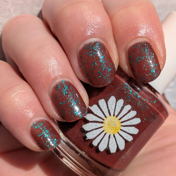 Leaf Litter, 15ml Deep Maroon Nail Polish with Large Teal Green Metallic Flakes