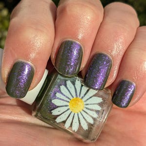 Snow Mold, 15ml Muted Deep Green Nail Polish with Purple Shimmer and Large Purple Metallic Flakes