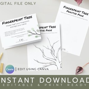 May include: Printable digital download for a fingerprint tree guest book. The image shows a white card with the text "Fingerprint Tree" and instructions to "leaf" your fingerprint and sign your name. There is also a practice page with a tree outline.