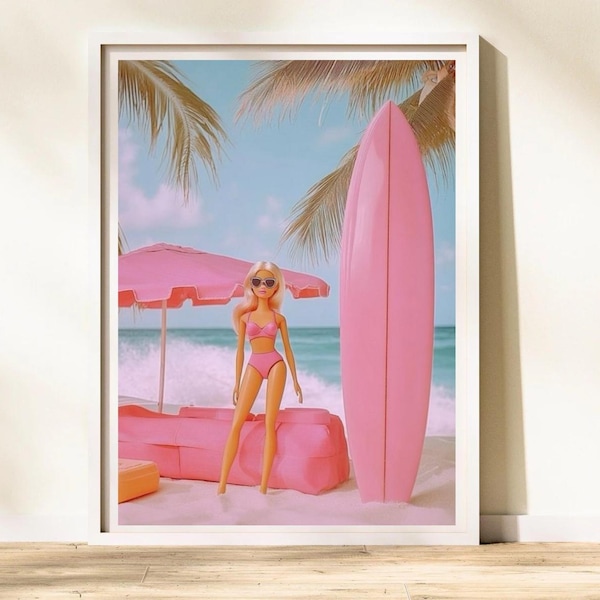 Póster enrollable vintage de verano rosa de Barbie, decoración de pared con temática de playa, regalo estético retro, póster impreso para dormitorio y sala de estar, Barbie