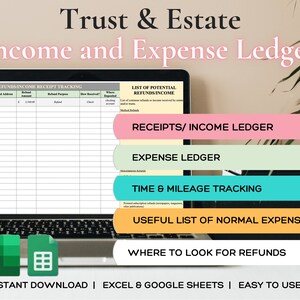 Puede incluir: Una computadora portátil muestra una plantilla de "Trust & Estate Income and Expense Ledger". La pantalla muestra secciones para recibos, gastos y seguimiento de kilometraje. La imagen incluye iconos de Excel y Google Sheets, con el texto "Descarga instantánea | Excel & Google Sheets | Fácil de usar."