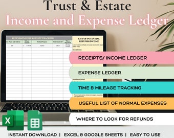 Könnte beinhalten: Ein Laptop zeigt eine Vorlage für ein "Trust & Estate Income and Expense Ledger". Der Bildschirm zeigt Abschnitte für Einnahmen, Ausgaben und Kilometerverfolgung. Das Bild enthält Excel- und Google Sheets-Symbole mit dem Text "Sofortiger Download | Excel & Google Sheets | Einfach zu bedienen."