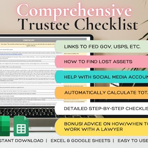 Puede incluir: Una pantalla de portátil muestra una "Comprehensive Trustee Checklist" con una lista de verificación y pestañas de colores. Las pestañas incluyen "Links to Fed Gov, USPS, Etc." y "How to Find Lost Assets." También se ven iconos de Excel y Google Sheets.