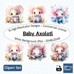16 Baby Axolotl Clipart | Watercolor JPG | Cute Amphibian for Scrapbooking, Journaling, Design