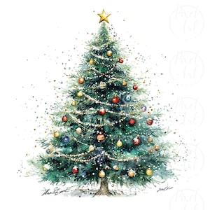 Christmas Tree Clipart, Watercolor Holiday Trees with Ornaments and Lights, 28 PNG Set for Christmas Decor, Cards, and Seasonal Crafts