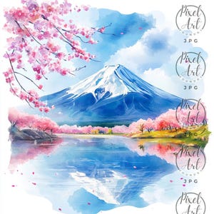 Japan Travel Clipart Set Cherry Blossom Mount Fuji Watercolor Art 28 JPG Kyoto Temples Bamboo Forest Digital Scrapbook Brochure Decor