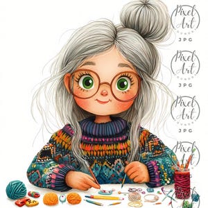 Quirky Crafting Grandma Clipart Elderly Woman Knitting Crocheting Scrapbooking Family DIY JPG 18 Images Playful Creative Designs