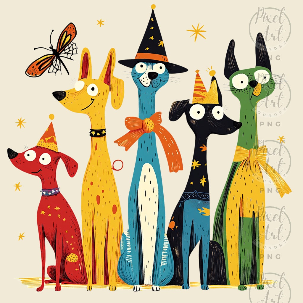 Quirky Dogs Halloween Hats Clipart Set Whimsical Dog Digital Art ...