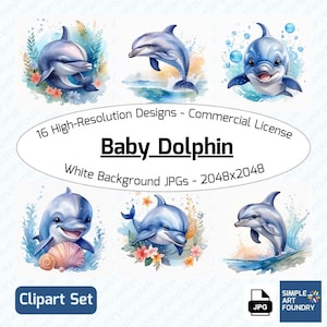 16 Baby Dolphin Watercolor Clipart | JPG | Ocean Animals for Scrapbooking, Journaling