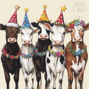 Whimsical Cow Celebrations Clipart Festive Party Illustrations Fun Animal Art 16 PNG Images for Cards Invitations Digital Projects