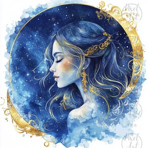 Mystical Half Moon Goddess Clipart Celestial Woman Illustrations Watercolor Art Moon Phases Fantasy Scrapbooking 18 JPG