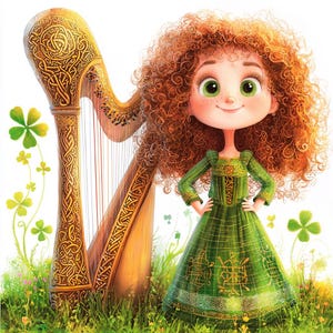 Quirky St Patricks Celtic Princess Clipart 17 JPG Nursery Art Scrapbooking Cute Red-Haired Harp Characters Crafting Decor St Patricks Card