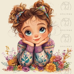 Quirky Girl Clipart Collection Whimsical Character Art Cozy Girl in Sweaters with Books and Flowers Fun Illustration Scrapbooking 17 PNG JPG