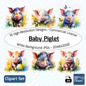 16 Piglet Clipart | Watercolor Baby Pig JPG | Scrapbooking, Journal | Digital Download