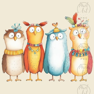 Quirky Cottage Core Owl Clipart Set 15 PNG Cozy Whimsical Nature-Inspired Animal Illustrations for Scrapbook Greeting Cards Craft Projects