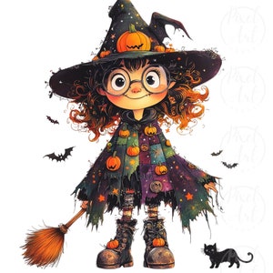Quirky Halloween Girl Clipart Set, 15 PNGs of Girl in Big Witch Hat with Cat and Pumpkin, Perfect for Halloween Crafts and DIY Projects