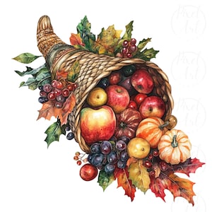 Abundant Fall Cornucopia Clipart, 23 PNG, Watercolor Thanksgiving Harvest, Rustic Fall Decor, Perfect Invitations, Crafts, and Home Decor