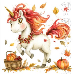 Unicorn Fall Harvest Clipart Magical Autumn Fantasy 21 JPG Images for Cards Book Design Pumpkin Leaves Whimsical Seasonal Art