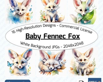 Baby Fennec Fox Clipart | 16 Watercolor JPG | Desert Animals for Scrapbooking, Journaling