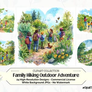 Familie, Wandern, Clipart, Outdoor Adventure Art, Naturspur, Grafiken, Aquarell Illustrationen, Spaziergänge, Junk Journal Kids Craft 24 JPGs