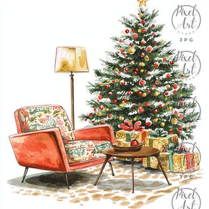 Vintage Retro Christmas Clipart Cozy Holiday Scenes 19 JPGs Nostalgic Watercolor Art Cards Decor Classic Seasonal Festive Prints