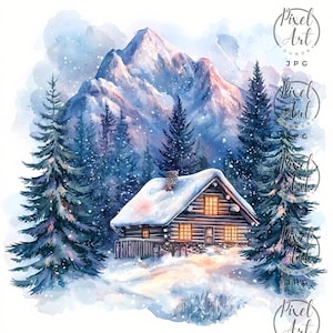 Alpine Winter Landscapes Scenic Art Watercolor Snowy Mountains Cozy Chalets 21 JPG Clipart for Cards Decor Adventure Promotions