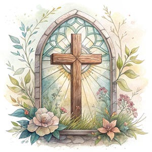 Catholic Cross Decor Clip Art Sacred Symbols Art, Religious Floral Illustrations, Inspirational Wall Prints, 17 JPG Clipart for Church Decor