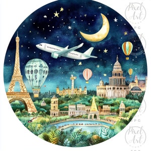 Airplane Over Scenic Skies Clipart, Whimsical Flight Art, Winter, Summer, Tropical Airplane Scenes, Quirky Aviation Illustration, 17 JPGs