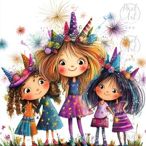 New Year's Eve Party Squad Quirky Girls Clipart Watercolor Festive Characters New Year Celebrations 21 JPG for Scrapbooking & Invitations