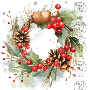 Rustic Christmas Clipart: Watercolor Pine Wreaths, Cocoa (JPG)