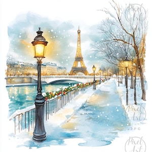 Snowy Paris Clipart Collection Romantic Winter Scenes Eiffel Tower Holiday Decor Travel Projects 22 JPGs